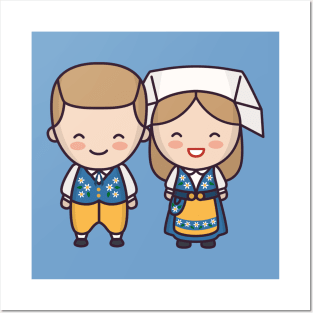 Cute Swedish Couple in Traditional Clothing Cartoon Posters and Art